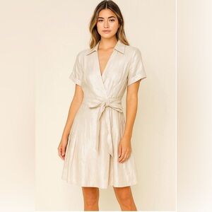 Antonio Melani Metallic Cream Collard Wrap Midi Dress